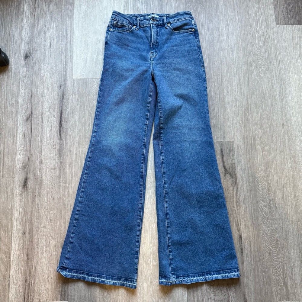 Good American Good Skate Blue Flare Wide Leg Jeans